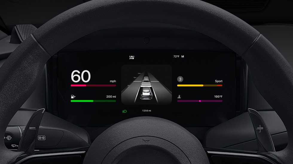 A CarPlay Ultra instrument cluster theme shows multi-colored bars for various measurements.
