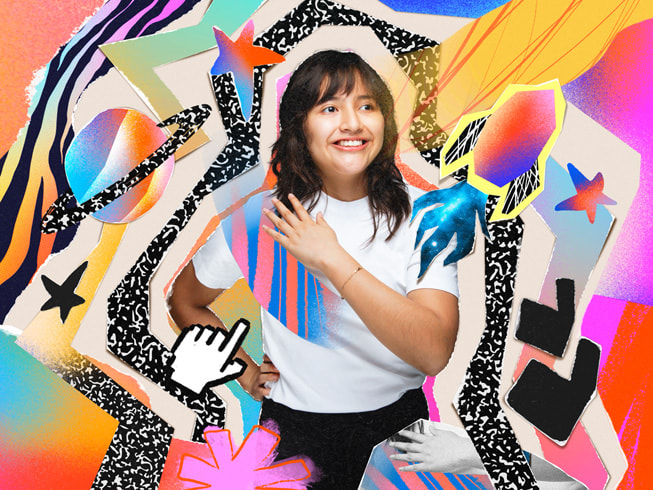 A colorful collage featuring a portrait of BreakDownCosmic creator, Luciana Ortiz Nolasco.