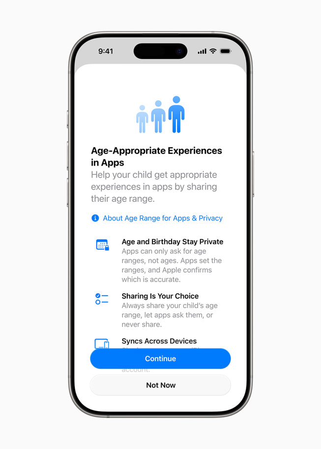 The Child Accounts menu is shown on iPhone 16 Pro, with copy that reads, “Age-Appropriate Experiences in Apps.”