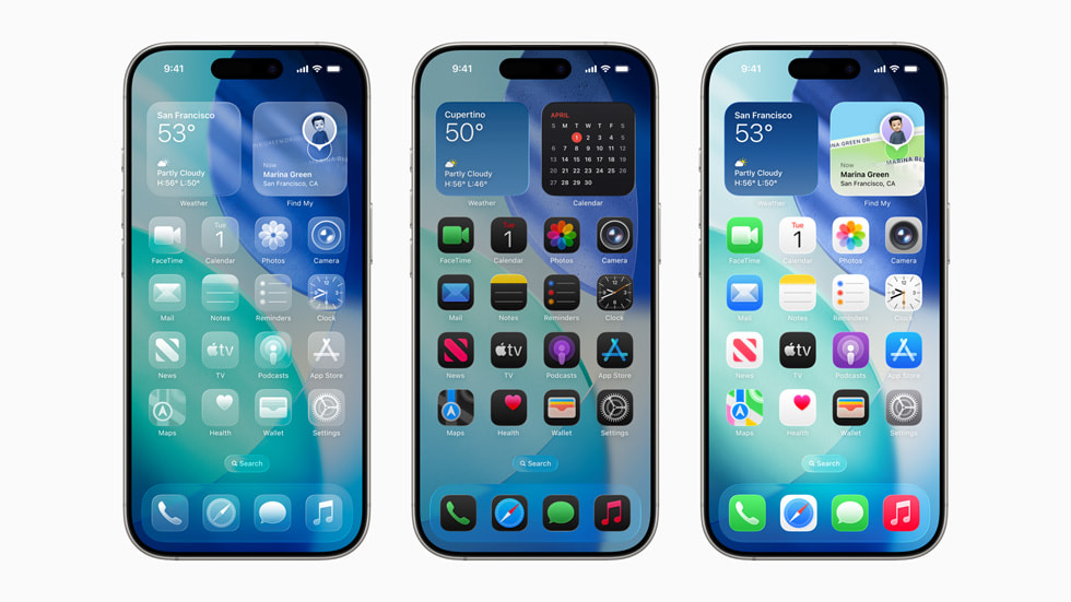 Three iPhone 16 Pro devices show the new design with Liquid Glass.