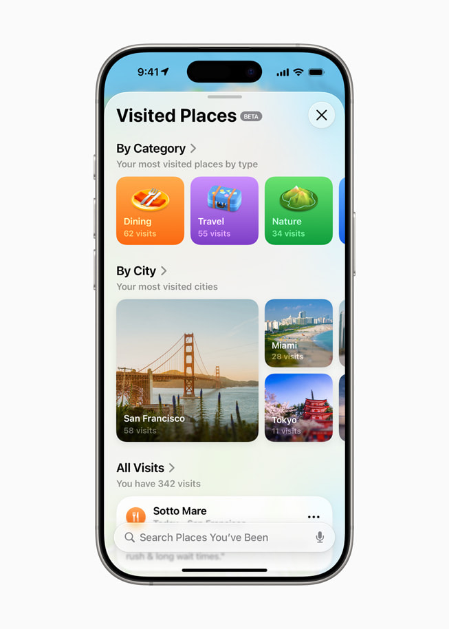 A user’s Visits are shown in Apple Maps on iPhone 16 Pro.