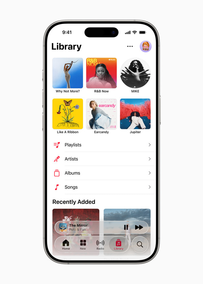 Ukázka oblíbených skladeb připnutých na začátek knihovny v aplikaci Hudba na iPhonu 16 Pro 