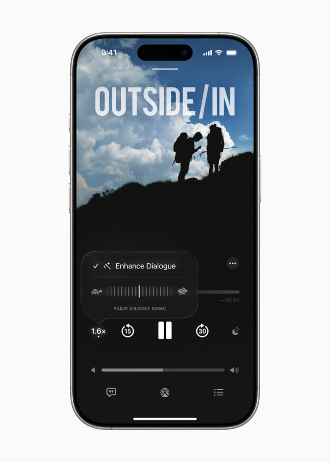 Ukázka nového nastavení funkce Zvýraznění dialogů v aplikaci Podcasty na iPhonu 16 Pro