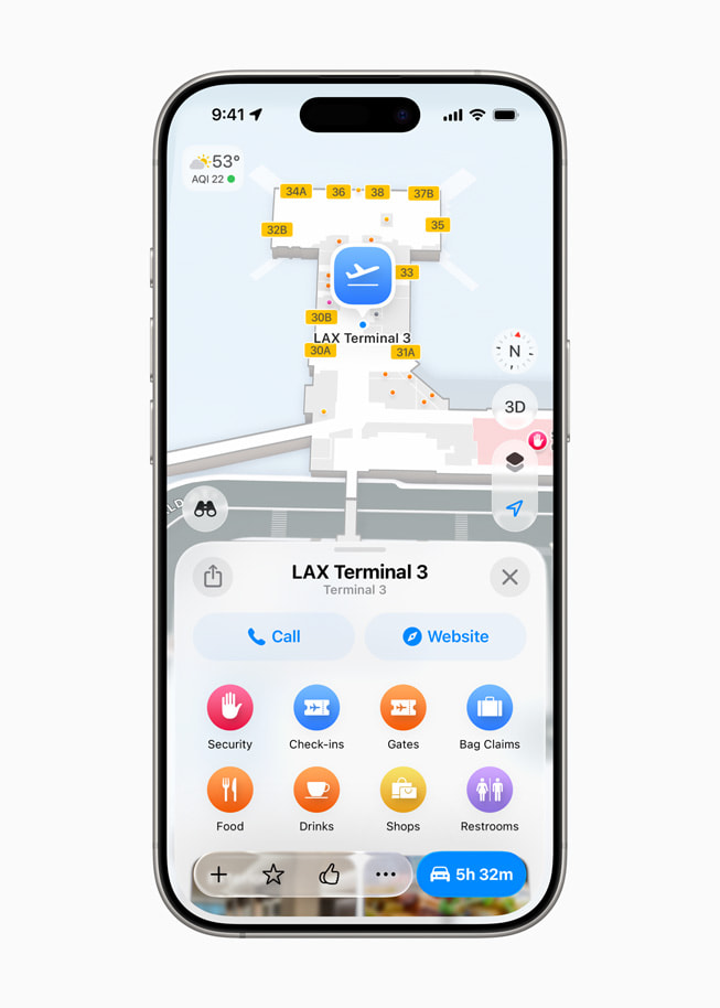 Ukázka mapy vnitřních prostorů letištního terminálu na iPhonu 16 Pro