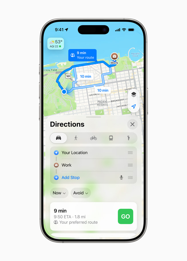 On iPhone 16 Pro, a user’s preferred route to work is shown in Apple Maps.