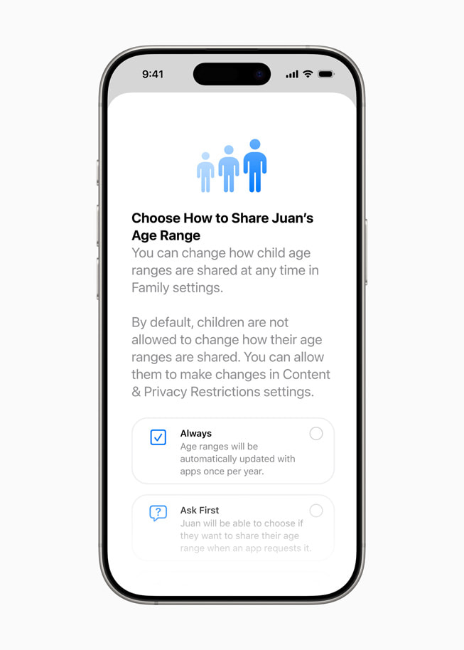 A screen on iPhone 16 Pro asks the user how they’d like to share an age range, either “always” or “ask first.”
