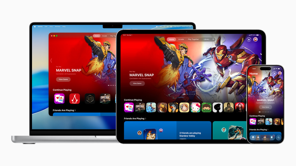 Apple Games displayed on MacBook Pro, iPad, and iPhone 16 Pro.