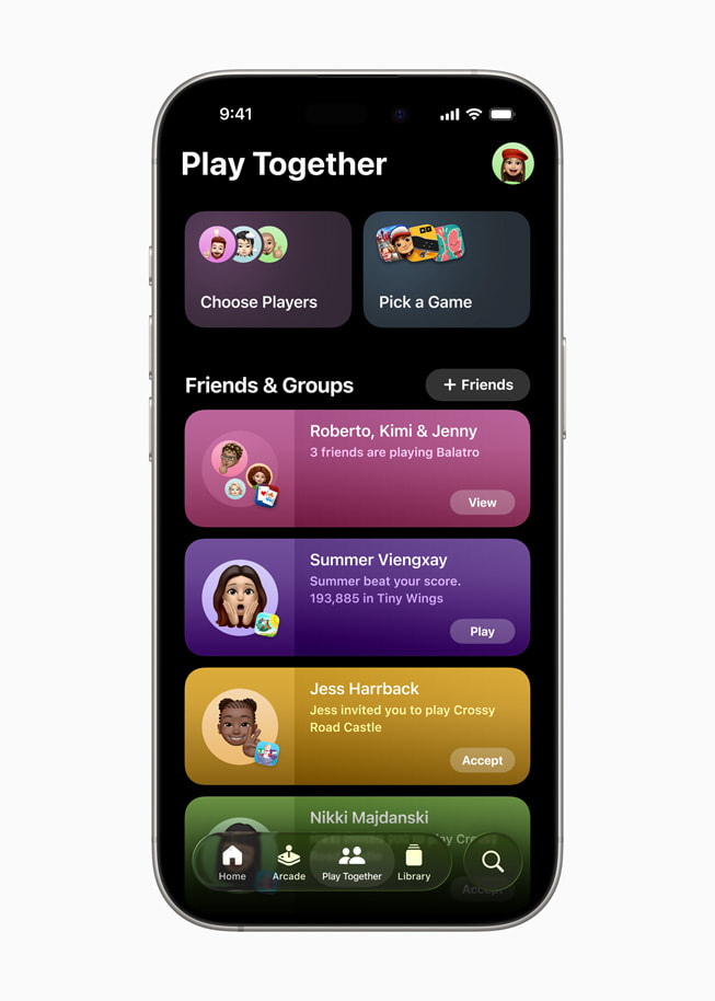 The Play Together tab in the Apple Games app displayed on iPhone 16 Pro.