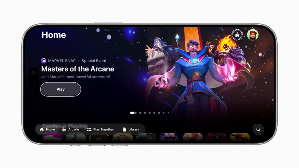 The Home tab in the Apple Games app displayed on iPhone 16 Pro.