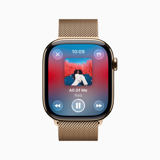 Updated controls in the Music app are shown on Apple Watch.