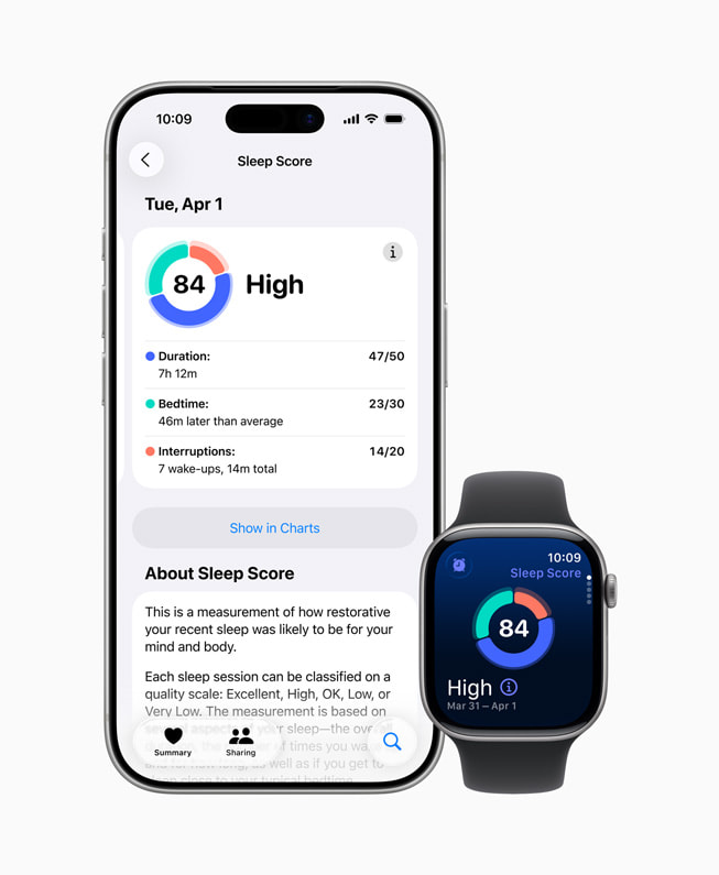 A user’s iPhone and Apple Watch Series 11 show a user’s sleep score.