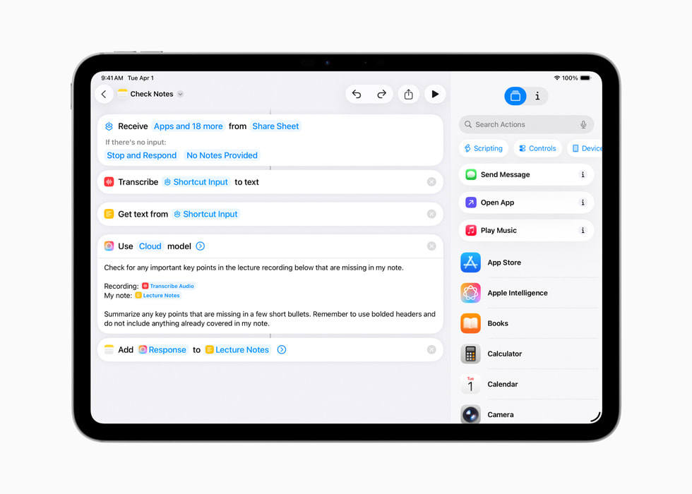 Auf dem iPad erstellt eine Person einen Kurzbefehl mit dem Titel „Notizen prüfen“.