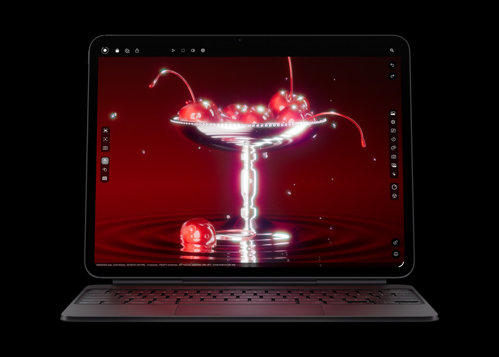 صورة مقربة لأداء رسومات الغرافيك المتطور في Octane X على جهاز iPad Pro الجديد مع شريحة M5.