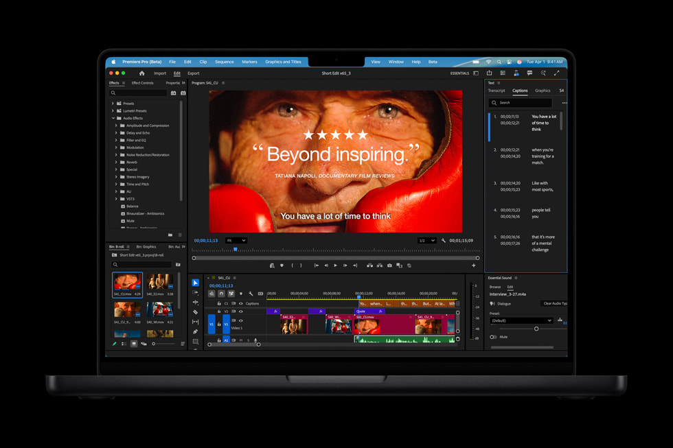MacBook Pro shows an Adobe Premiere Pro screen.