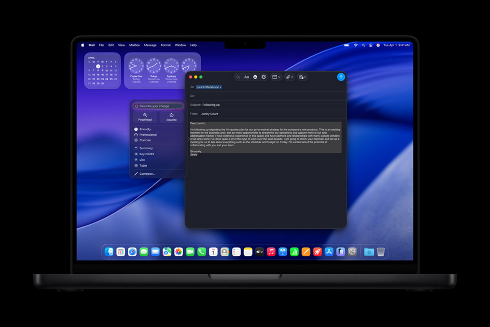 MacBook Pro shows a Writing Tools screen with the draft of an email.