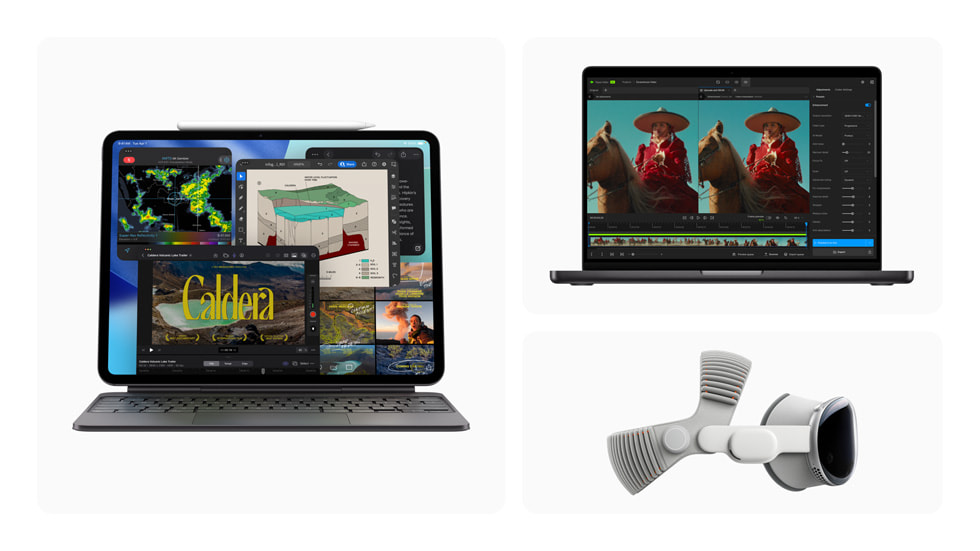The 11-inch and 13-inch iPad Pro, space black 14-inch MacBook Pro, and the new Apple Vision Pro with the Dual Knit Band.