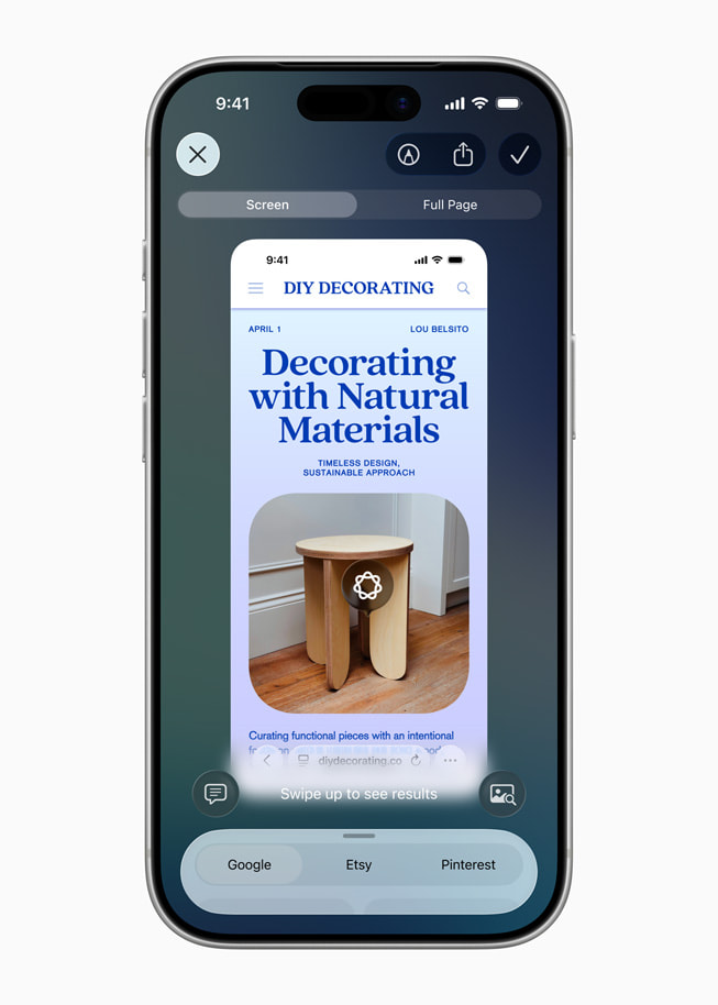 iPhone waarop visuele AI wordt gebruikt om informatie op te zoeken over een lamp op een foto van een interieurontwerp.