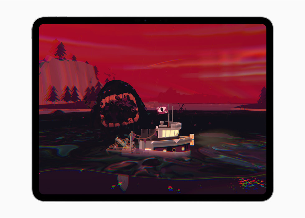 A screenshot taken on an iPad Pro 13-inch that shows a tugboat in dark water while a monster looms behind. 