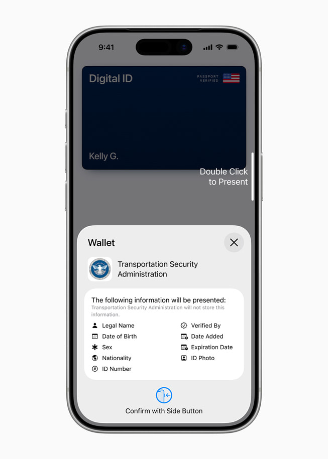 The Digital ID in Wallet experience is shown on iPhone 17 Pro, with the option to present the ID to TSA.