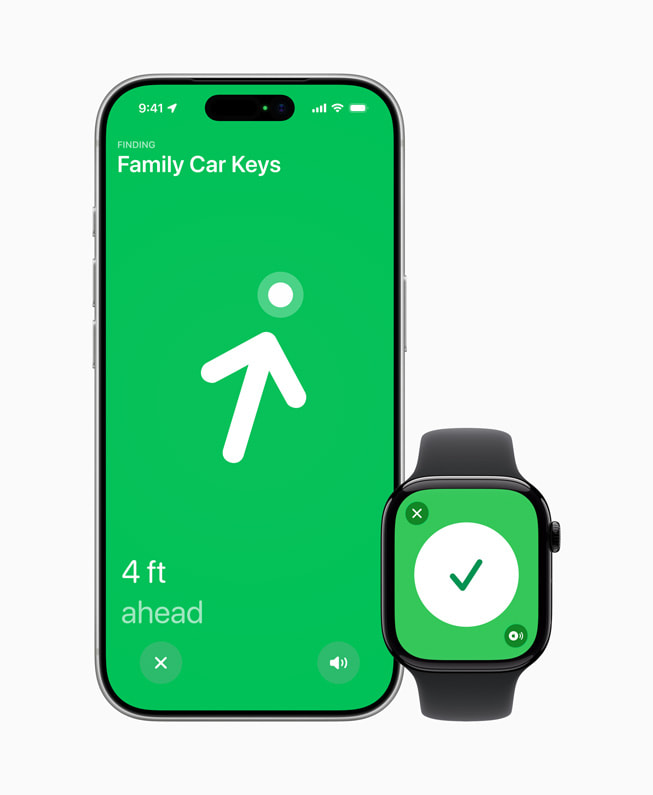 A user’s Apple Watch shows a green screen shows that the user is four feet away from an item labeled “Family Car Keys.”
