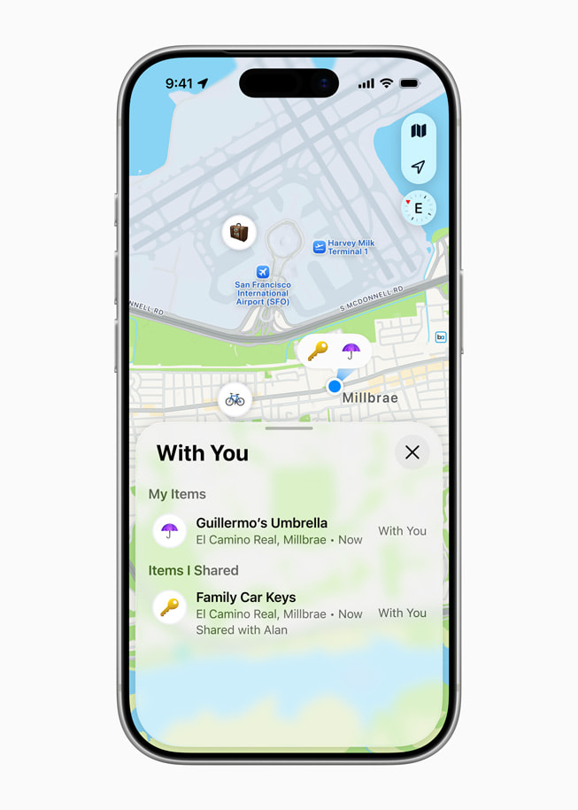 iPhone 17 Pro shows a map and a screen that reads “With You,” and contains a list of items that includes “Guillermo’s Umbrella” and “Family Car Keys.”
