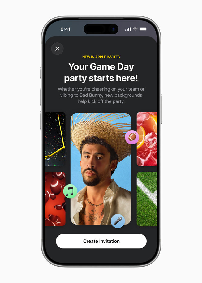 Sur iPhone 17 Pro, l’app Apple Invitations affiche un nouveau modèle pour le jour du match avec une photo de Bad Bunny et la mention « Your Game Day party starts here » (Votre fête du jour du match commence ici), ainsi qu’un bouton au bas avec les mots « Create Event » (Créer un événement).