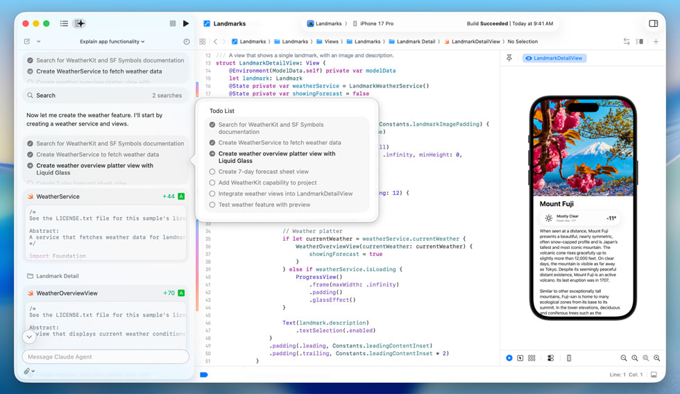 In Xcode, a developer uses agentic coding for an iPhone app showing a detailed view of Mount Fuji.