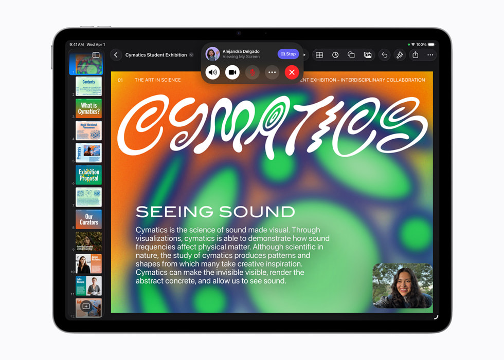 The windowing system of iPad Air with M4 organizes FaceTime, Keynote, and SharePlay to intuitively display onscreen.
