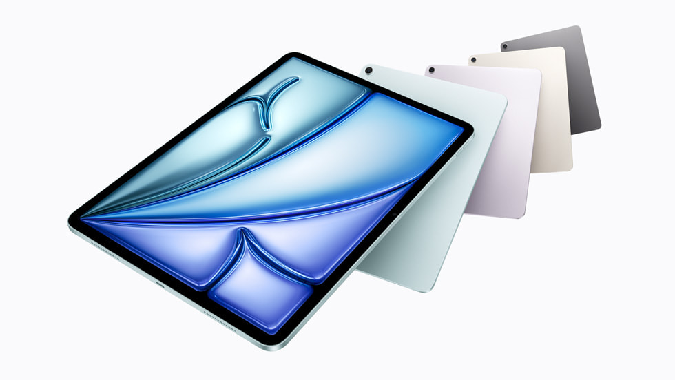 Five iPad Air devices in four different finishes — two are blue, one is purple, one is starlight, and one is space gray — are shown falling like dominoes.
