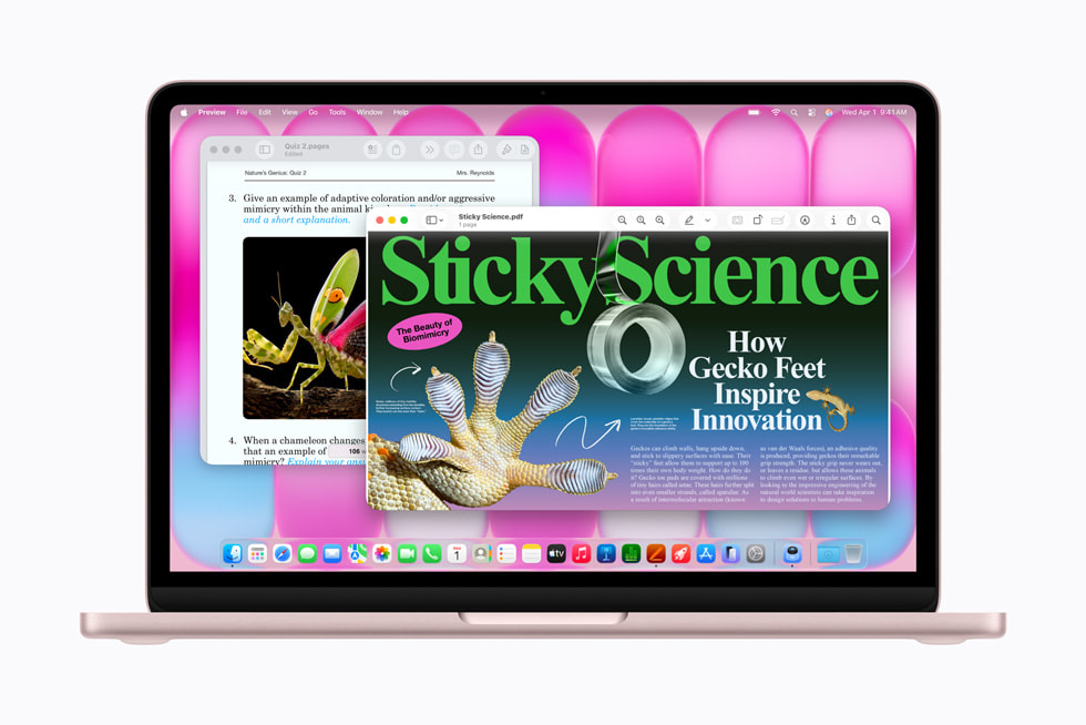 A user creates a presentation titled “Sticky Science” on their blush MacBook Neo.