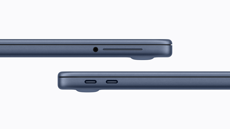 A close-up of the ports on two MacBook Neo devices.