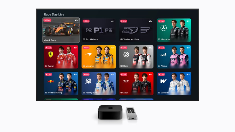 Apple TV shows the Race Day Live experience, featuring feeds of the top 3 drivers, a course tracker and data, and team feeds.