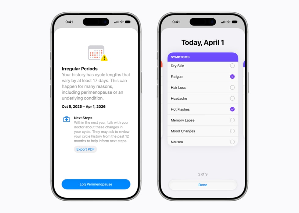 Un iPhone 17 Pro muestra una pantalla de la app Control del Ciclo con una alerta de periodos irregulares, mientras que un segundo iPhone 17 Pro muestra una pantalla donde se le pide al usuario que marque cualquier síntoma que haya notado, como fatiga, sofocos o cambios de humor.