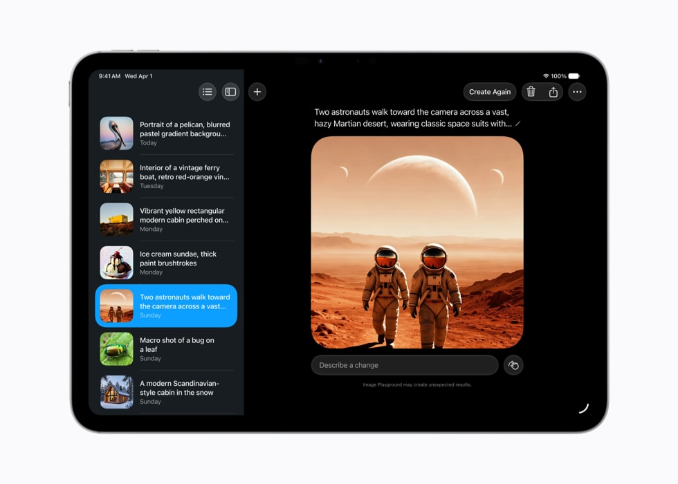 Pantalla de Image Playground que muestra una imagen generada de dos astronautas con trajes espaciales clásicos caminando por un desierto marciano con la opción de describir un cambio.