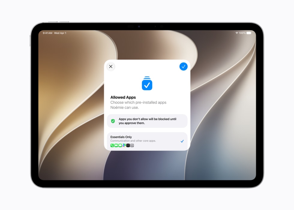 Un iPad muestra una pantalla que dice “Apps Permitidas” y pide al usuario que seleccione las apps preinstaladas que podrán usar sus hijos.