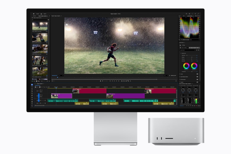 Mac Studio med M5 Ultra viser en Adobe Premiere-skærm med en atlet, der løber i regnen.
