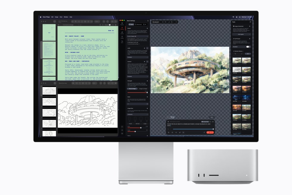 Mac Studio vist med en skærm, hvor man kan se appen Draw Things.