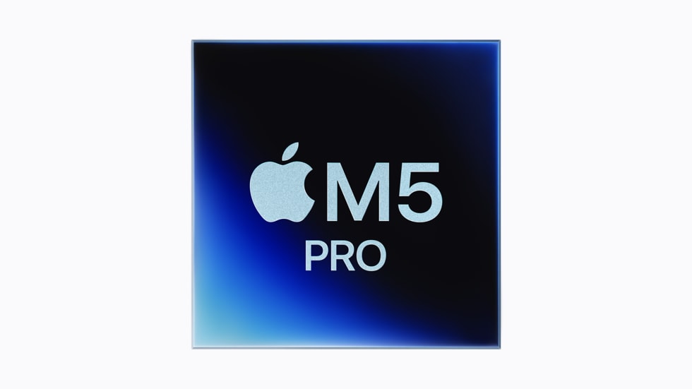 Logo for Apple M5 Pro-chip på en baggrund, der skifter fra blå til lilla.