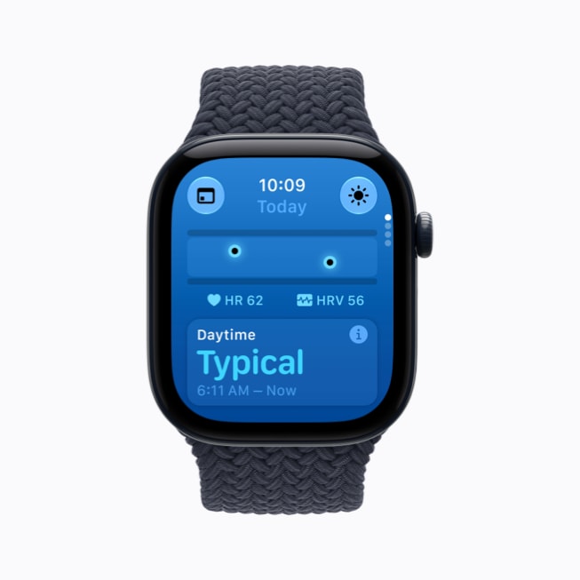 Un Apple Watch Series 12 muestra los signos vitales diurnos de una persona en la app Signos Vitales, con una lectura que dice “Típico”.