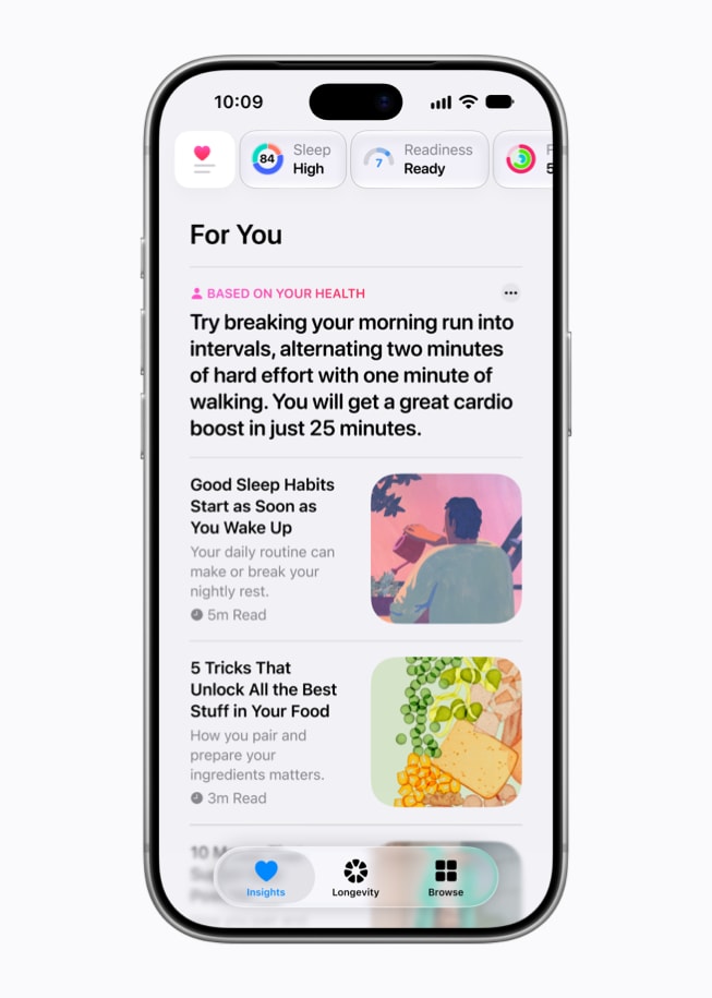 Un iPhone 18 Pro con recomendaciones de Para Ti en la pestaña Detalles de la app Salud.