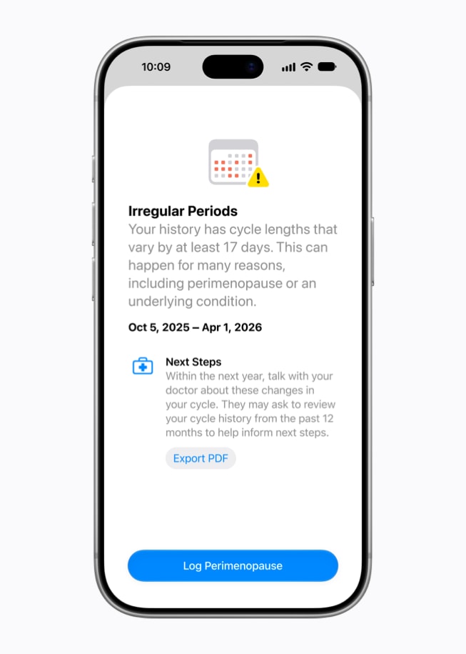 En la versión actualizada de la app Salud, se envía una notificación que dice “Periodos irregulares” y se sugiere a la persona registrar la perimenopausia.