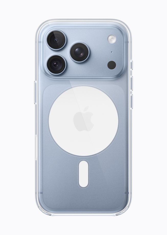 Un iPhone 18 Pro color glaciar con la funda transparente.