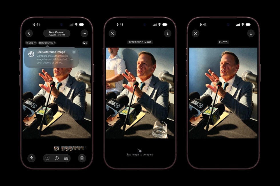 Tres dispositivos iPhone 18 Pro muestran Imagen de Referencia de Apple que compara una fotografía original con una versión editada.