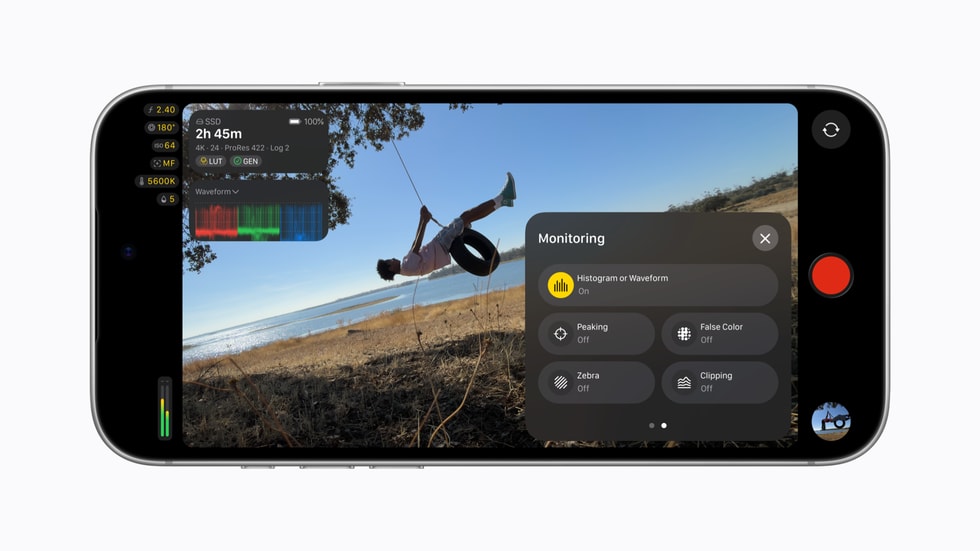 iPhone 18 Pro shows a Final Cut Camera screen with the subject riding on a tyre swing and video scopes, including the RGB Parade and histogram, displayed.