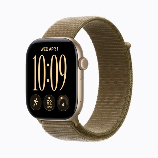 Apple Watch Series 12 in light gold aluminum.