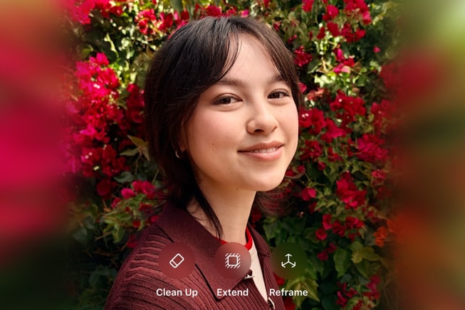 Un menú de herramientas de edición en la app Fotos con las herramientas Limpiar, Extender y Reencuadrar.
