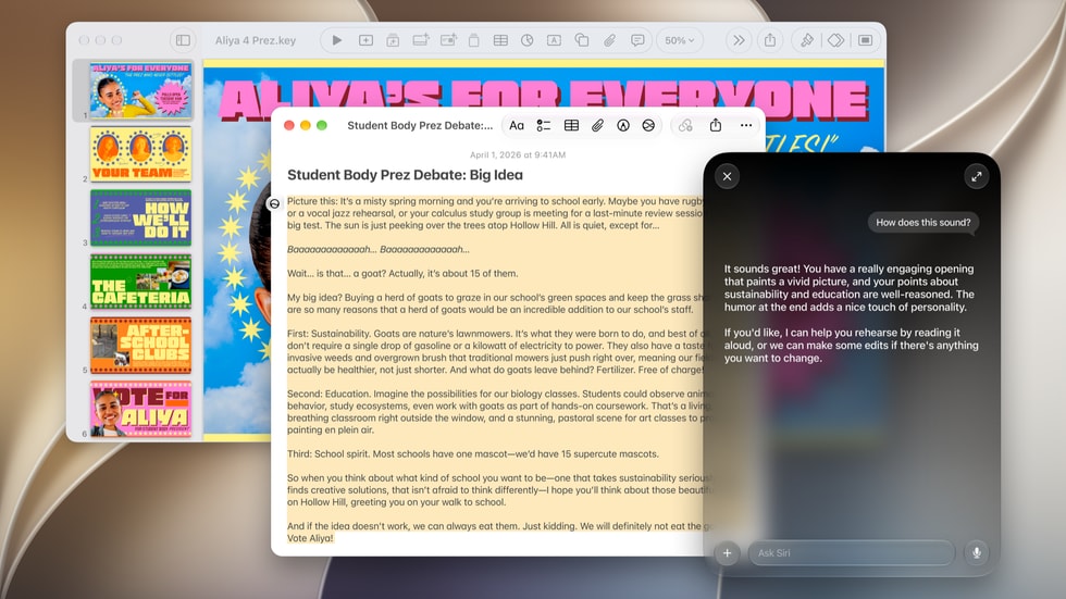 A user’s Write with Siri experience is shown onscreen.