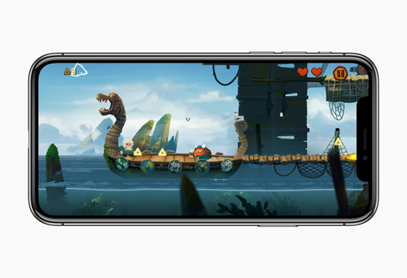 iPhone X showing a dragon boat on a river within the Oddmar iPhone game