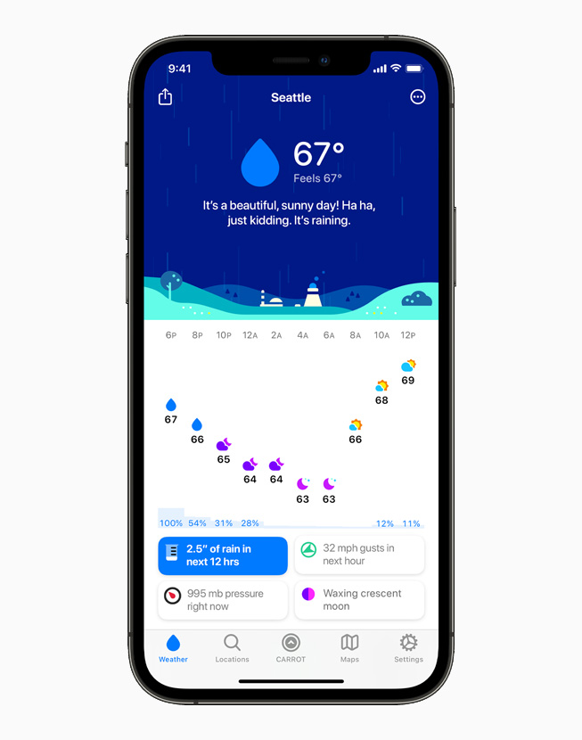 CARROT Weather app displayed on iPhone 12 Pro.