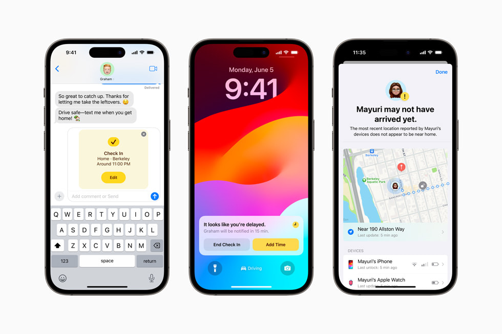 ثلاثة أجهزة iPhone 14 Pro تعرض ميزة Check In الجديدة في نظام iOS 17.